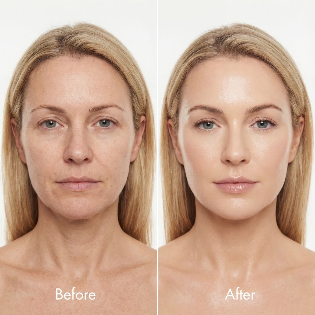 before/after image of a woman who looks younger with the skinofab foundation