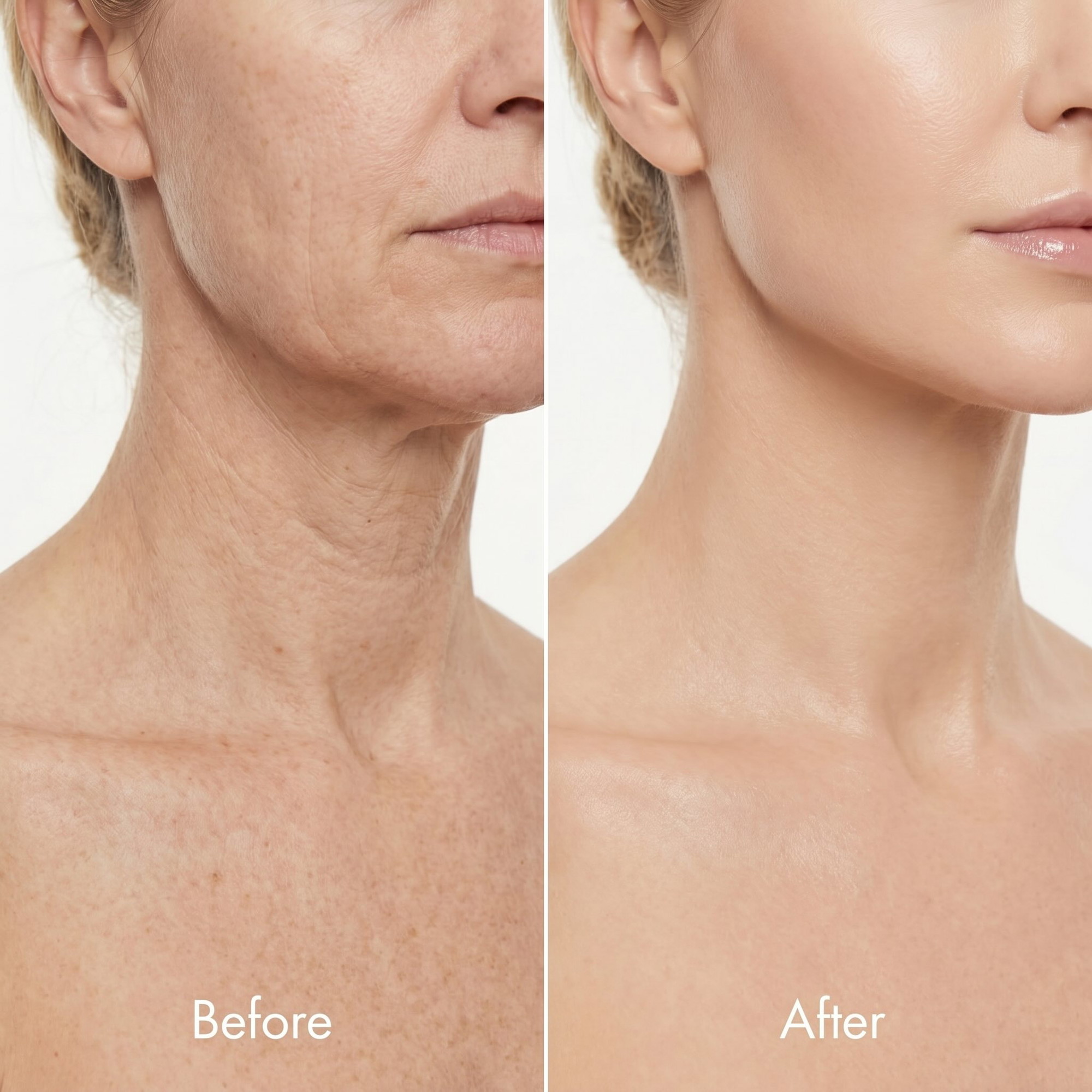 A before-and-after comparison showing a woman's face and neck with reduced wrinkles and smoother-looking skin.
