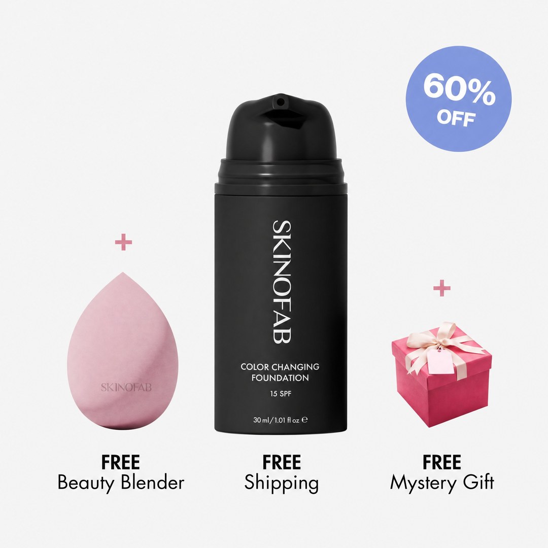 A promotional image for Skinofab foundation showing the bottle, a beauty blender, and a small gift box.