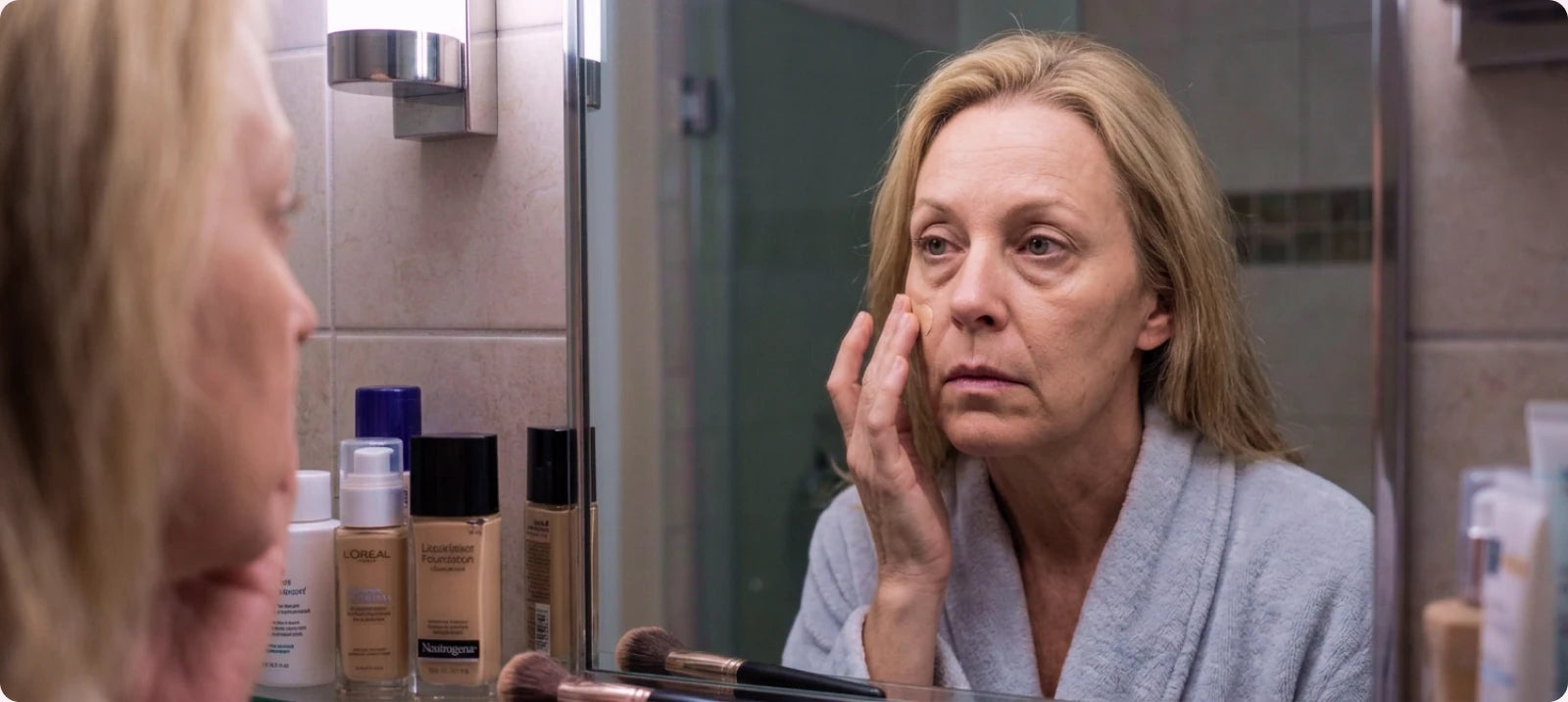 Woman looking at her face in a bathroom mirror