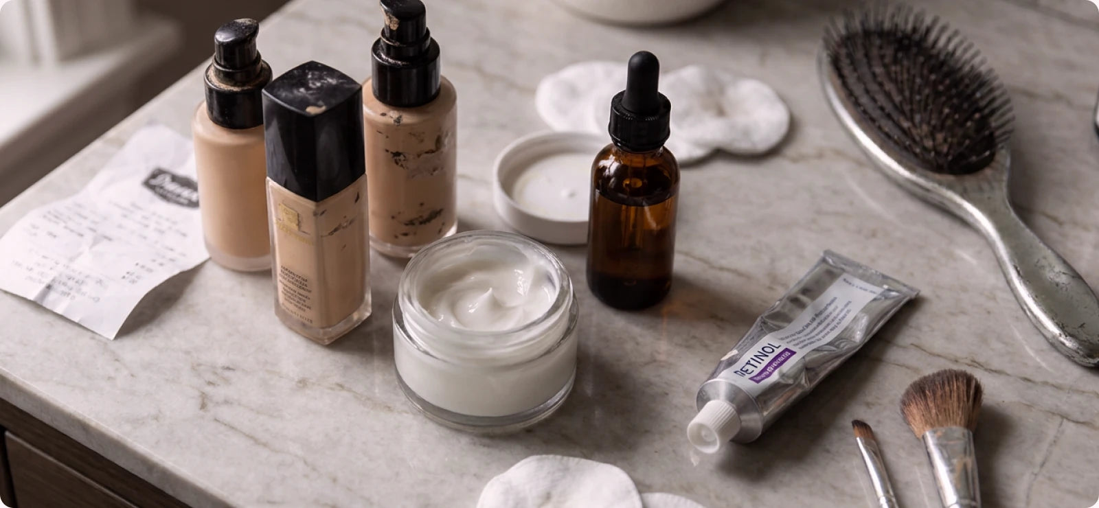 Foundations, serums, a retinol tube and brushes on a bathroom counter