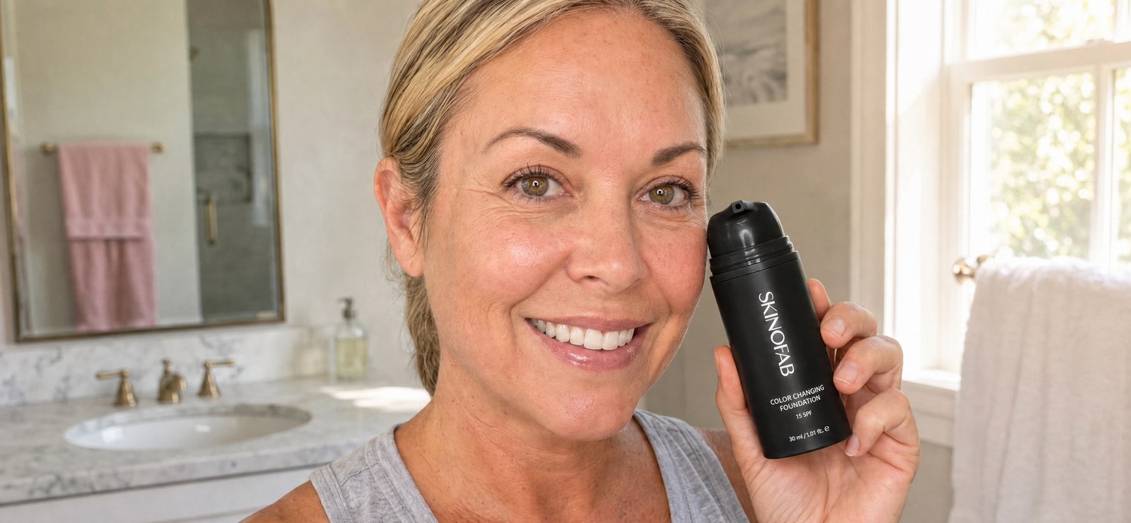 Smiling woman holding the Skinofab foundation bottle in her bathroom