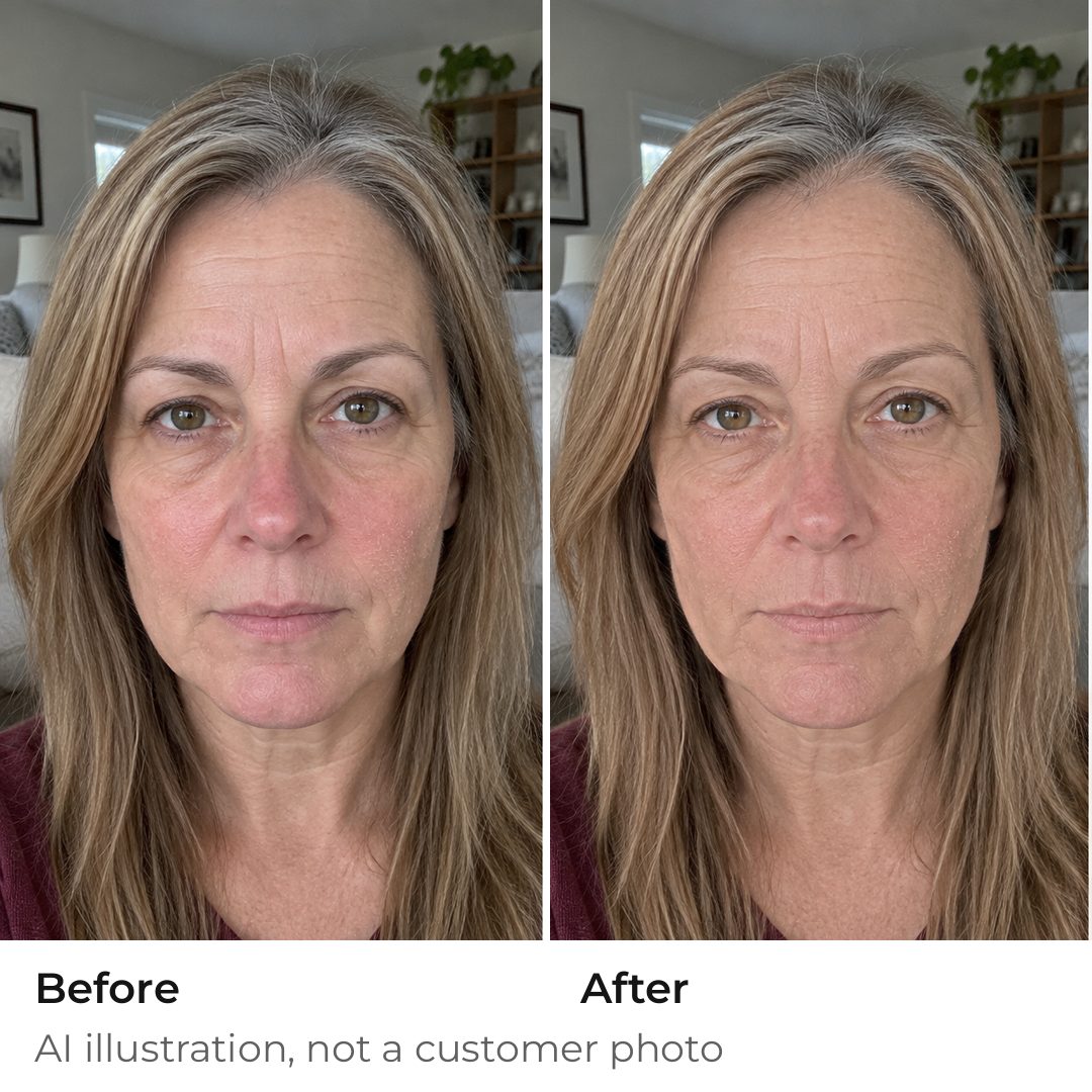 A woman in her fifties before and after the stick: dry, dull skin, then an even, dewy finish (AI illustration)