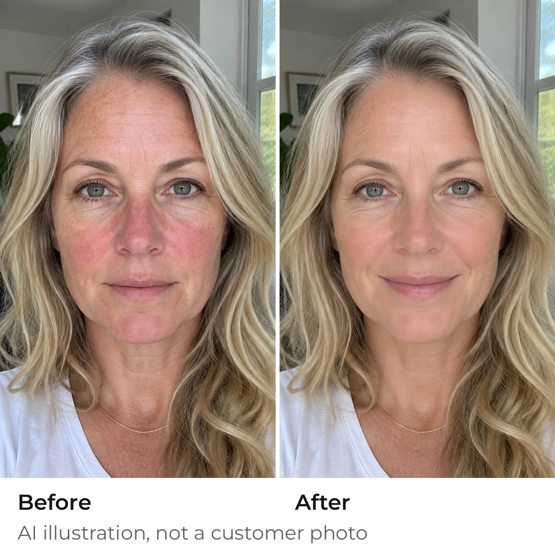 A woman in her fifties before and after the stick: redness and sun spots evened out (AI illustration)