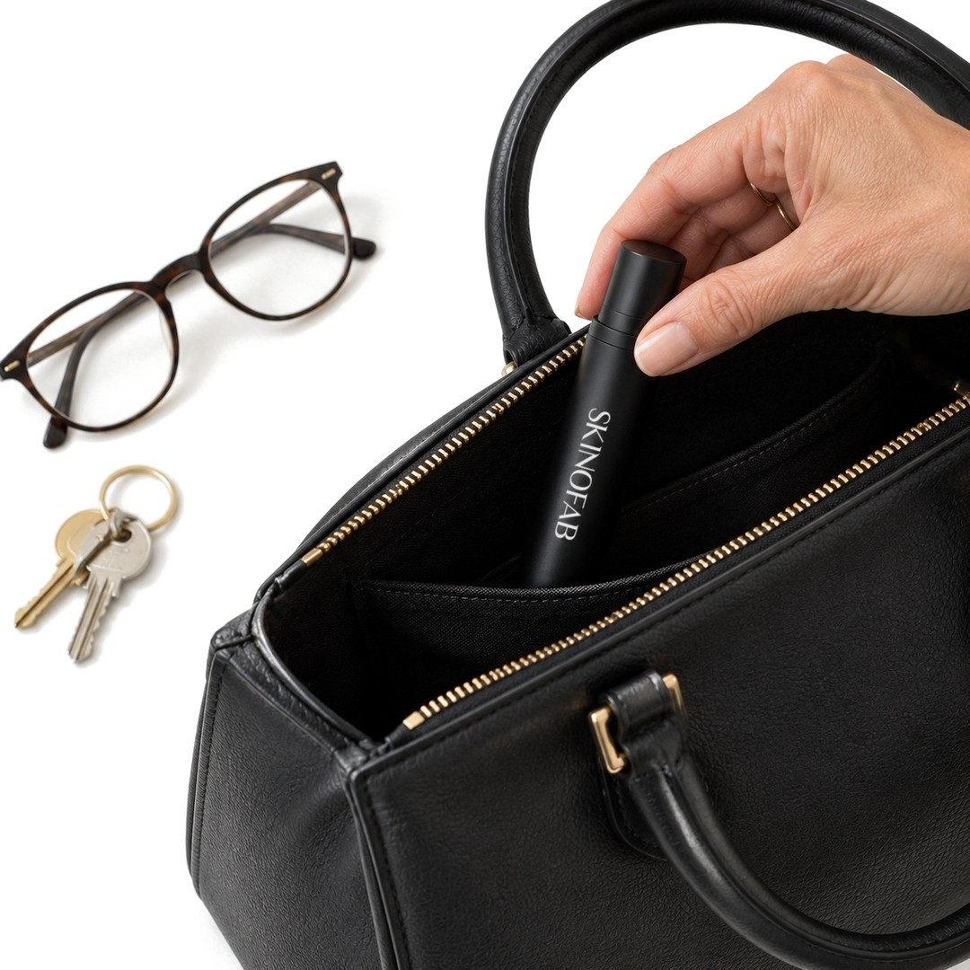 The black SKINOFAB stick going into a handbag