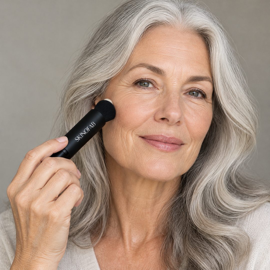 A woman in her sixties with long silver hair buffing the stick’s brush end along her cheekbone