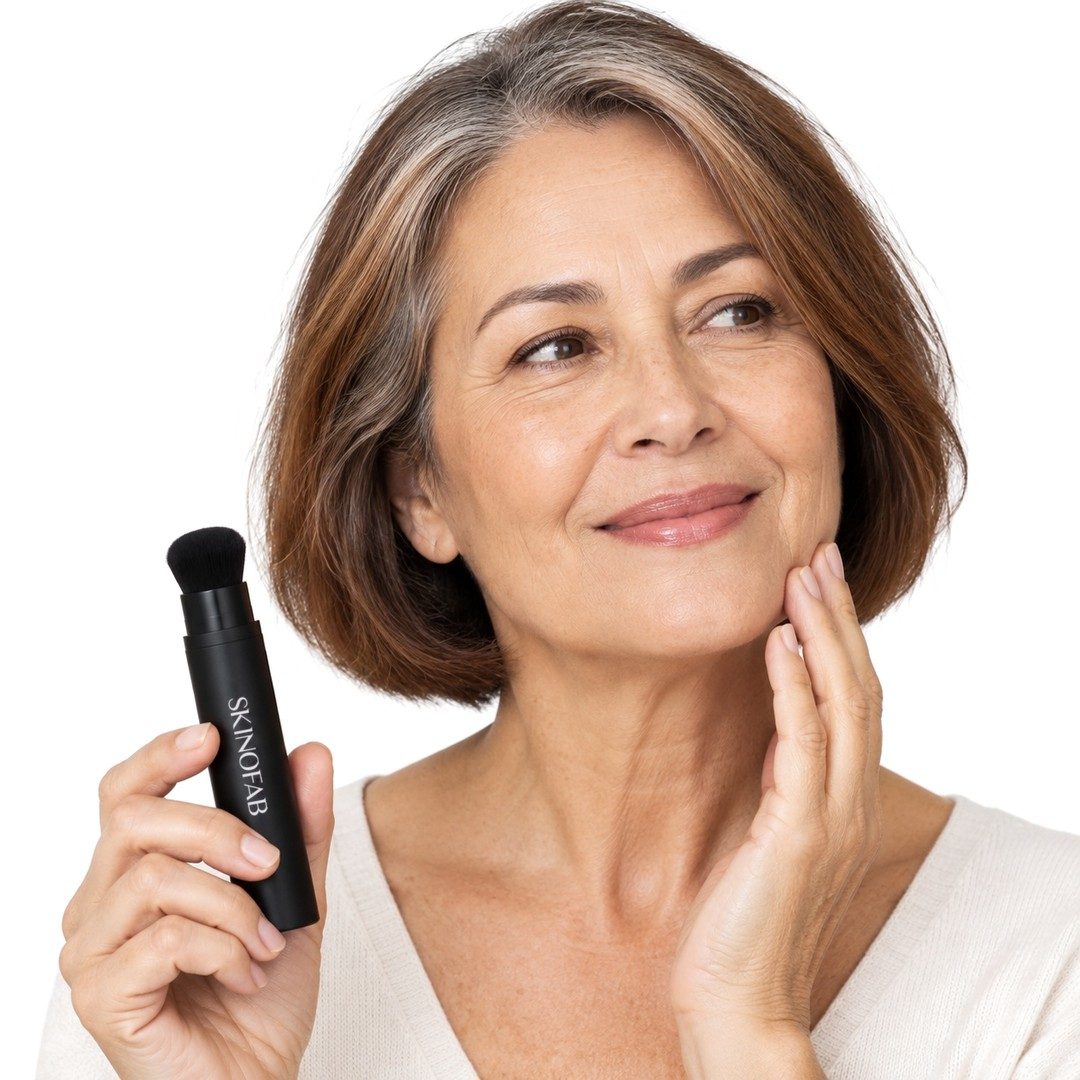 A woman in her fifties touching her jawline, the black stick in her other hand