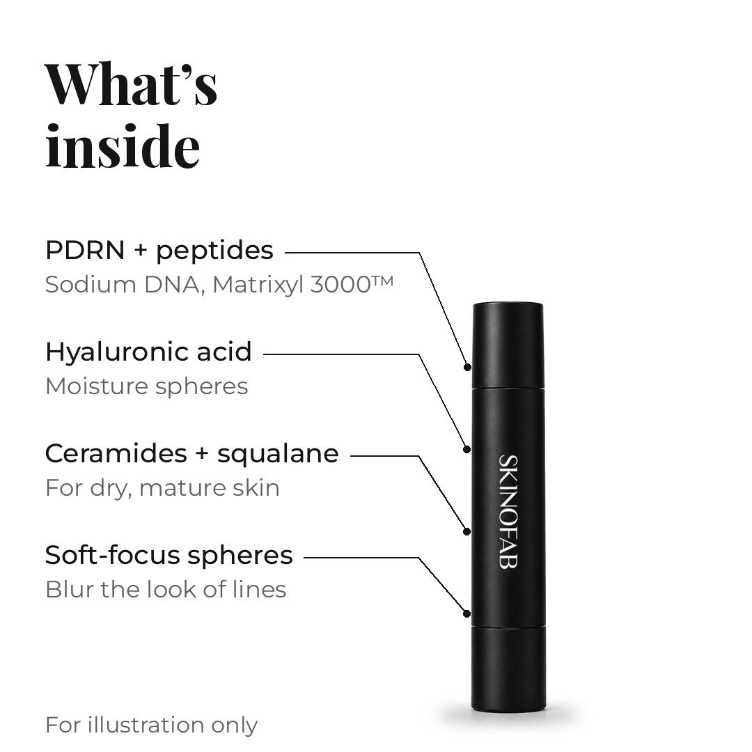 What is inside: PDRN and peptides, hyaluronic acid, ceramides and squalane, soft-focus spheres