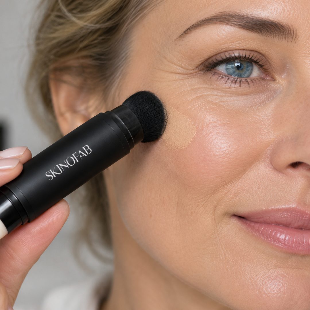 Close-up of the black kabuki brush end buffing the foundation into a cheekbone