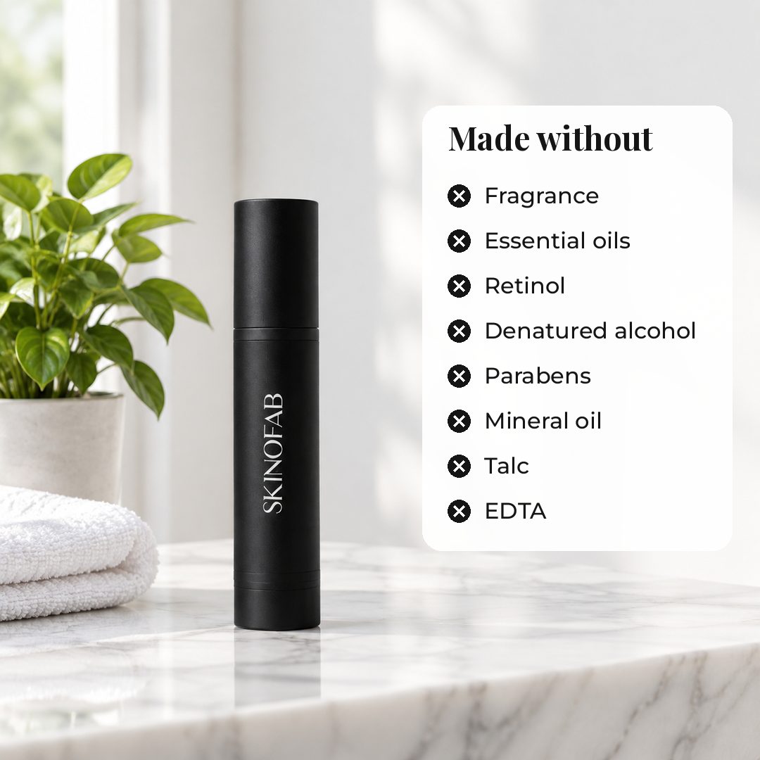 The stick on a bathroom shelf beside what it is made without: fragrance, essential oils, retinol, denatured alcohol, parabens, mineral oil, talc and EDTA