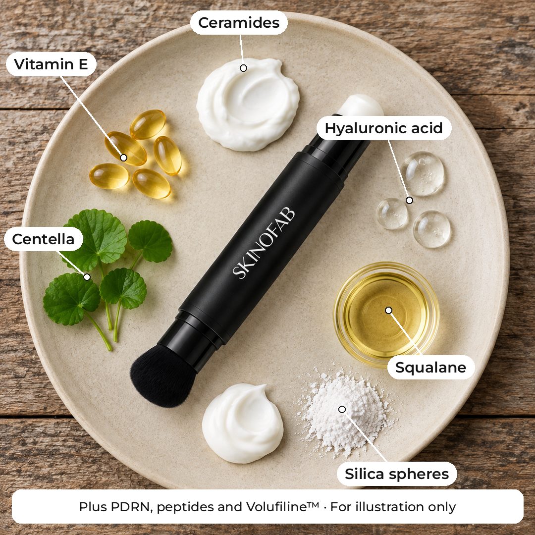 The stick on a plate with the textures of its ingredients: vitamin E, ceramides, hyaluronic acid, centella, squalane and silica