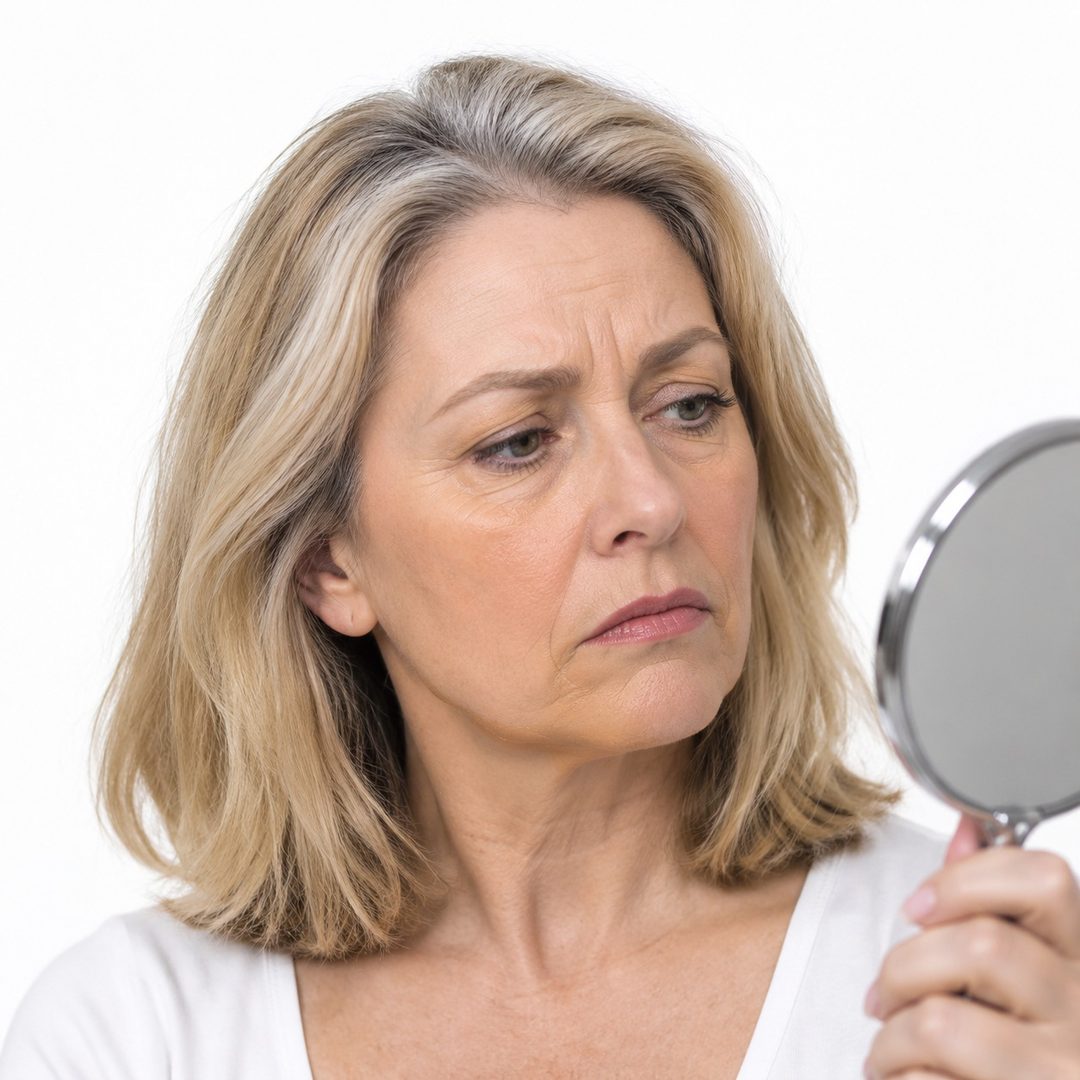 A woman in her fifties frowning at her foundation in a hand mirror