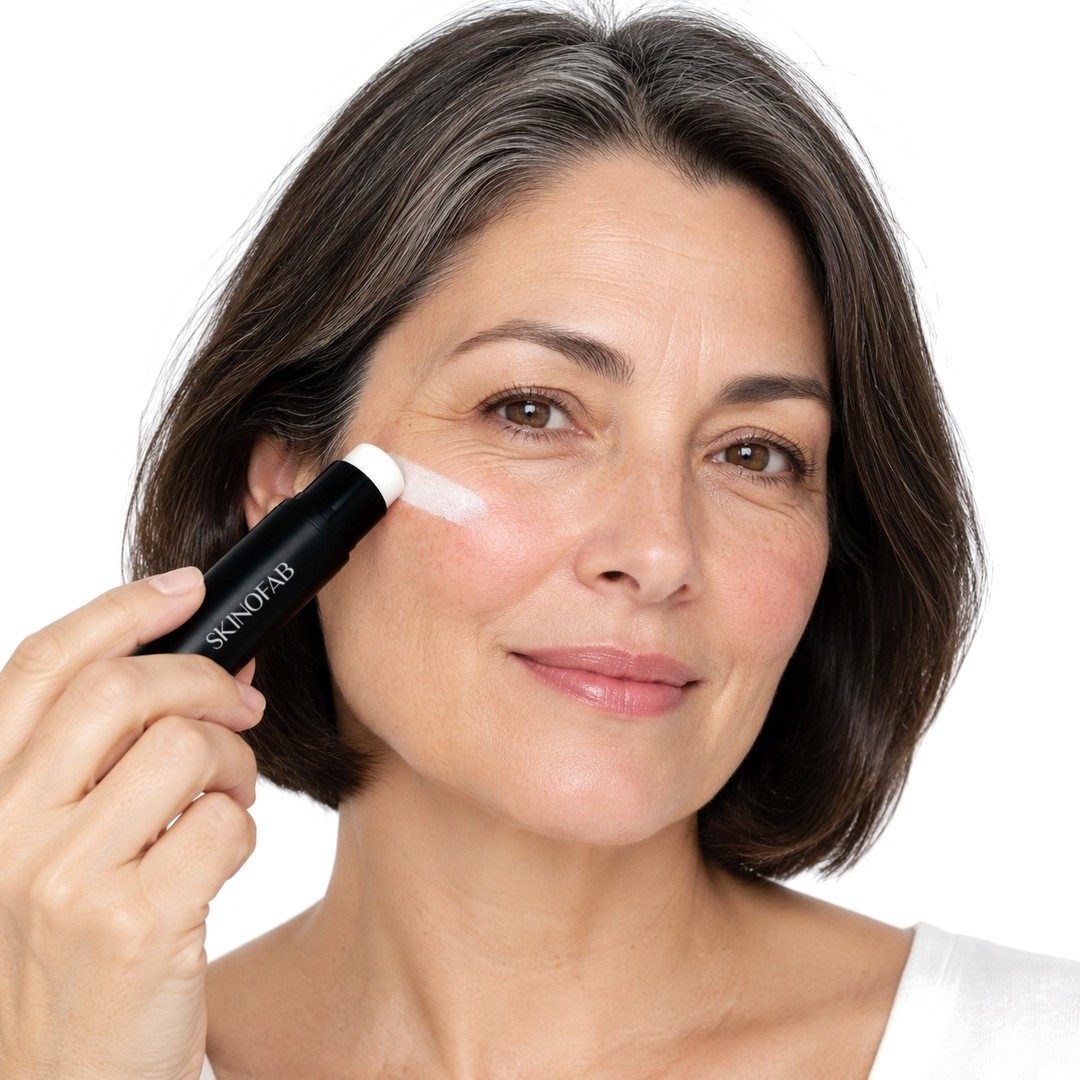 Swiping the white foundation along a cheekbone