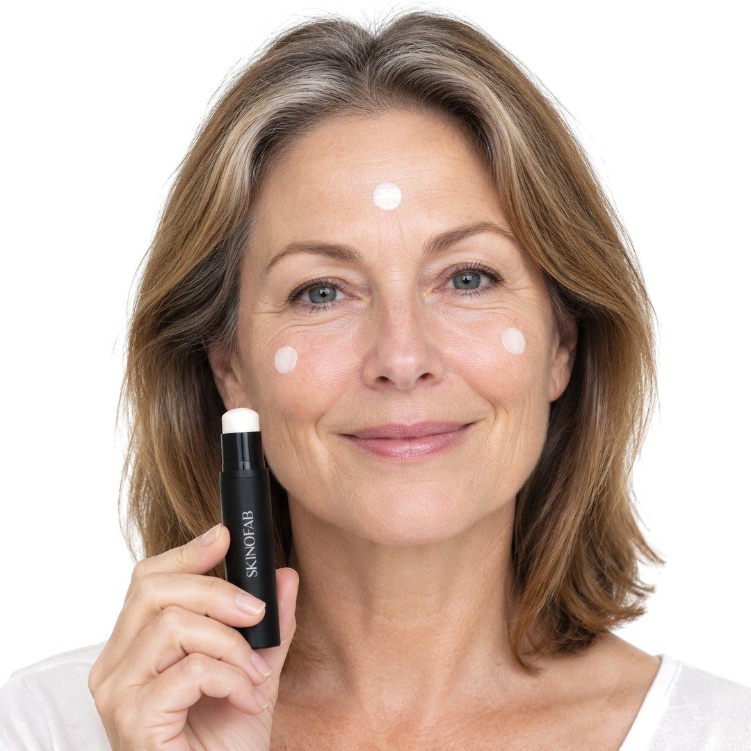 A woman with three white dots of the foundation on her face, the stick in her hand