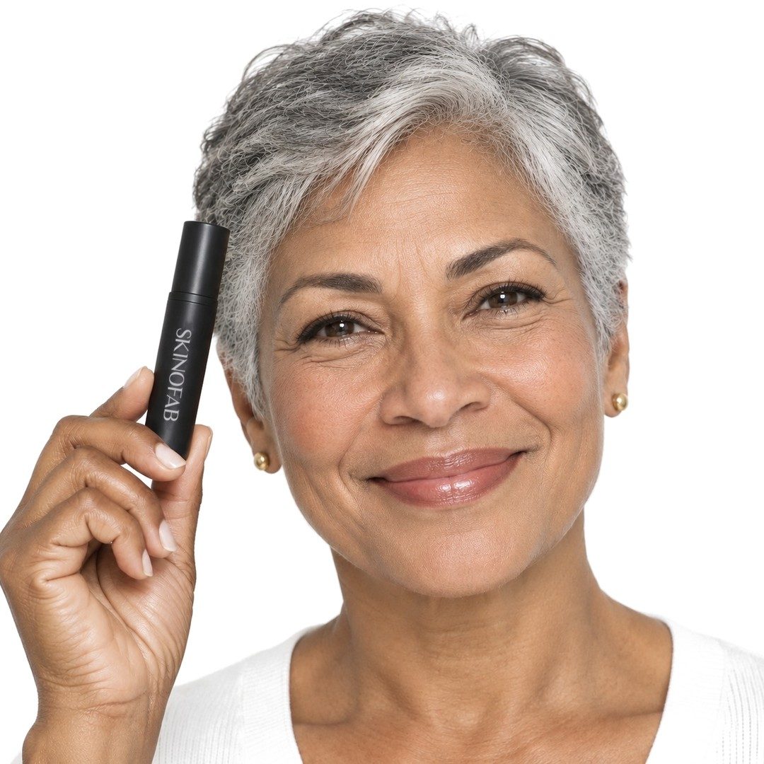A woman in her sixties holding the Adaptive Foundation Stick by her temple