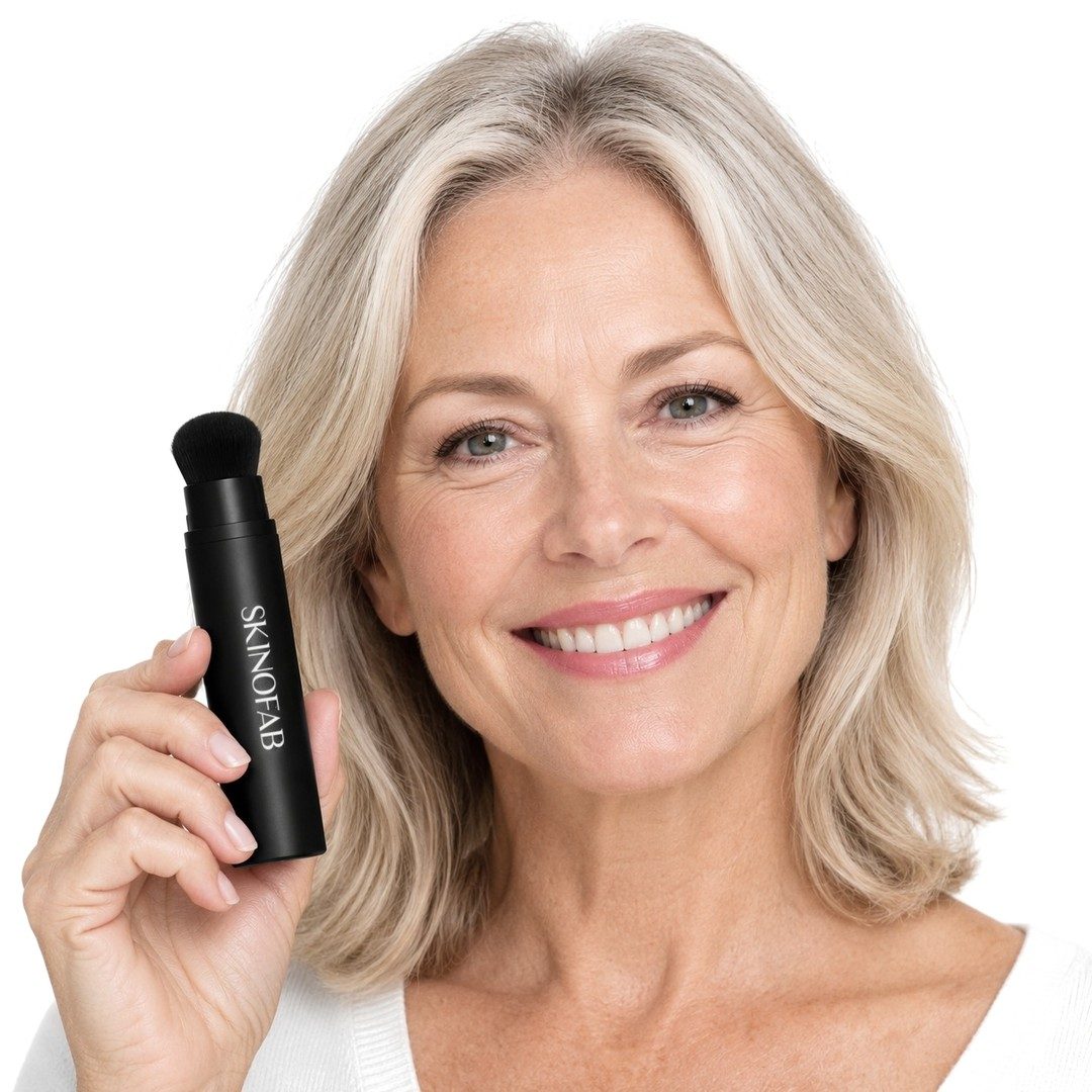A woman in her fifties holding the Adaptive Foundation Stick by her cheek