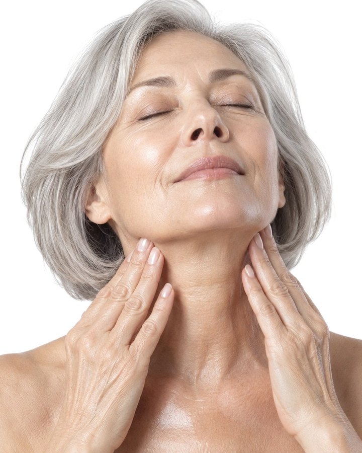 A woman smoothing the serum down her neck