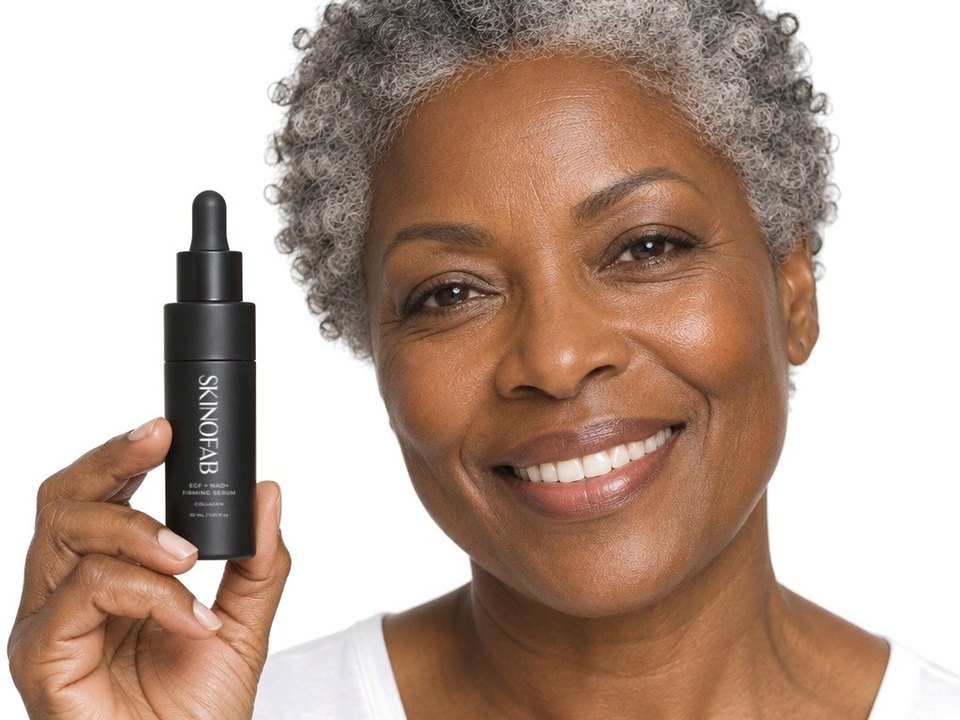 A woman in her sixties holding the serum