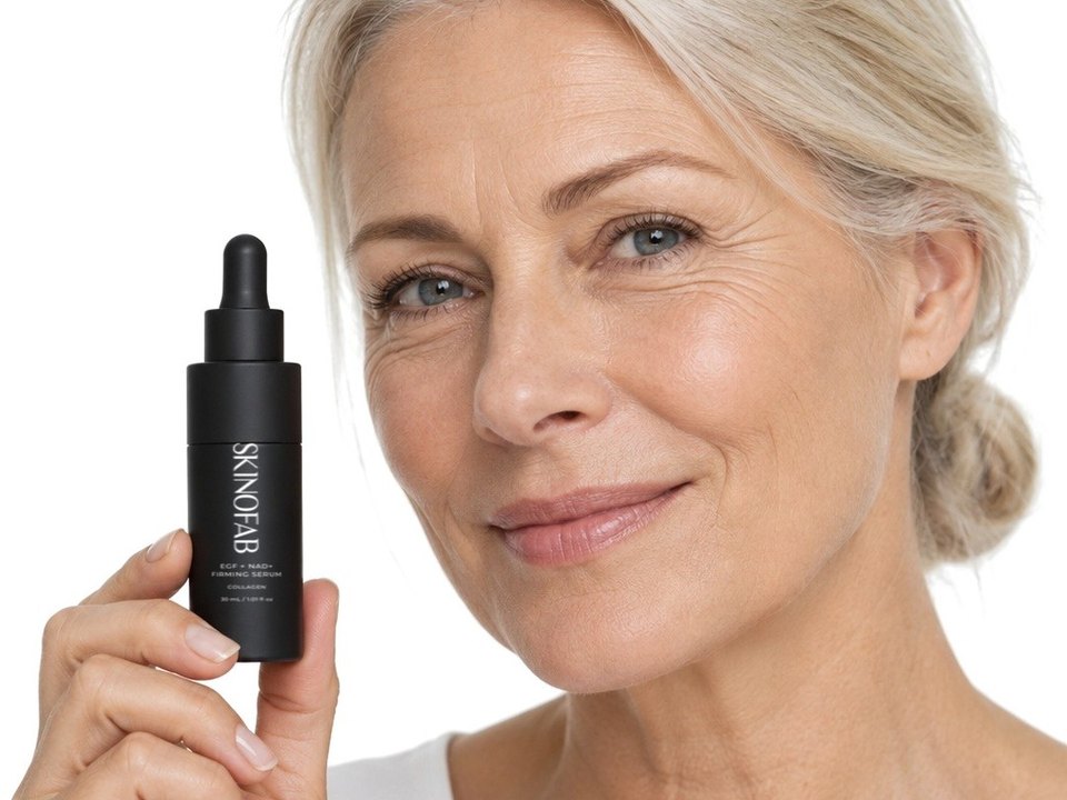 A woman in her late fifties holding the EGF + NAD+ Firming Serum