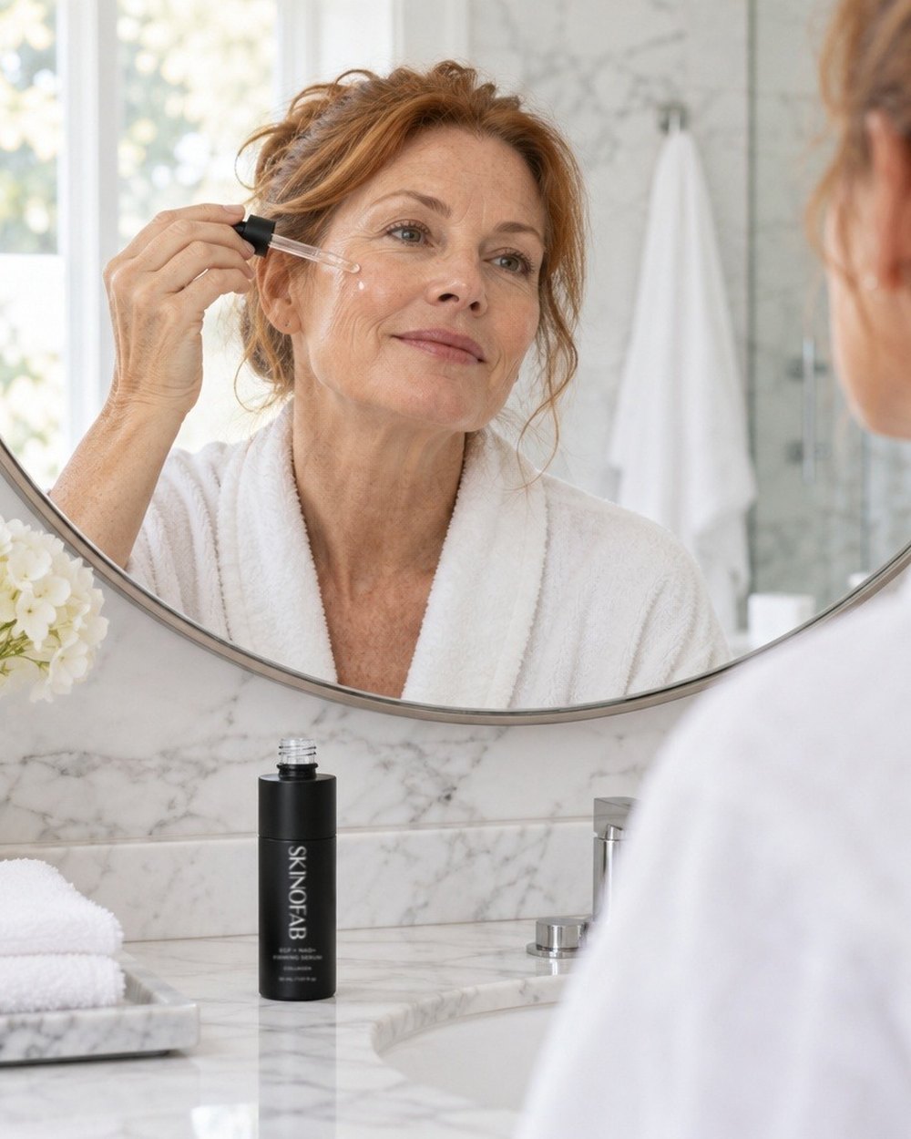 A woman applying the EGF + NAD+ Firming Serum at her mirror