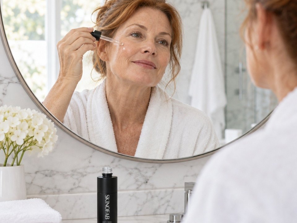 A woman applying the serum at her bathroom mirror