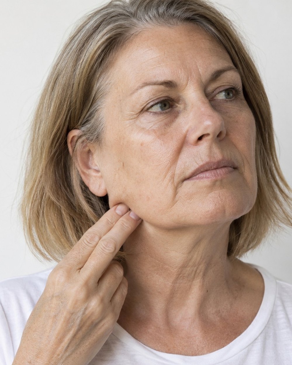 A woman in her fifties touching her jawline