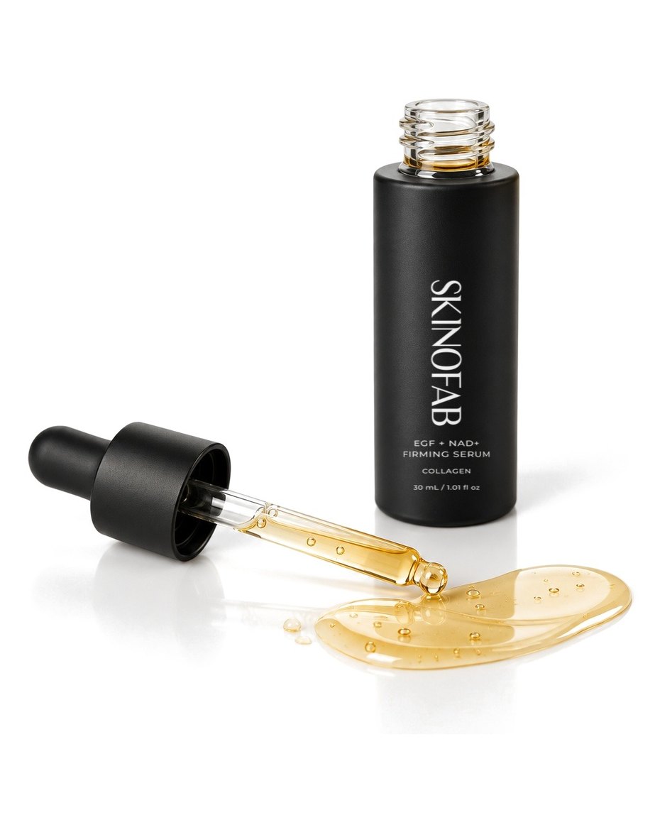 The EGF + NAD+ Firming Serum with its dropper and a drop of serum