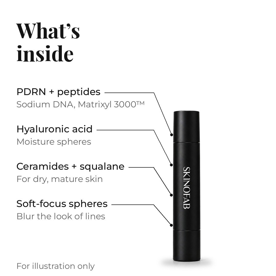 What is inside: PDRN and peptides, hyaluronic acid, ceramides and squalane, soft-focus spheres