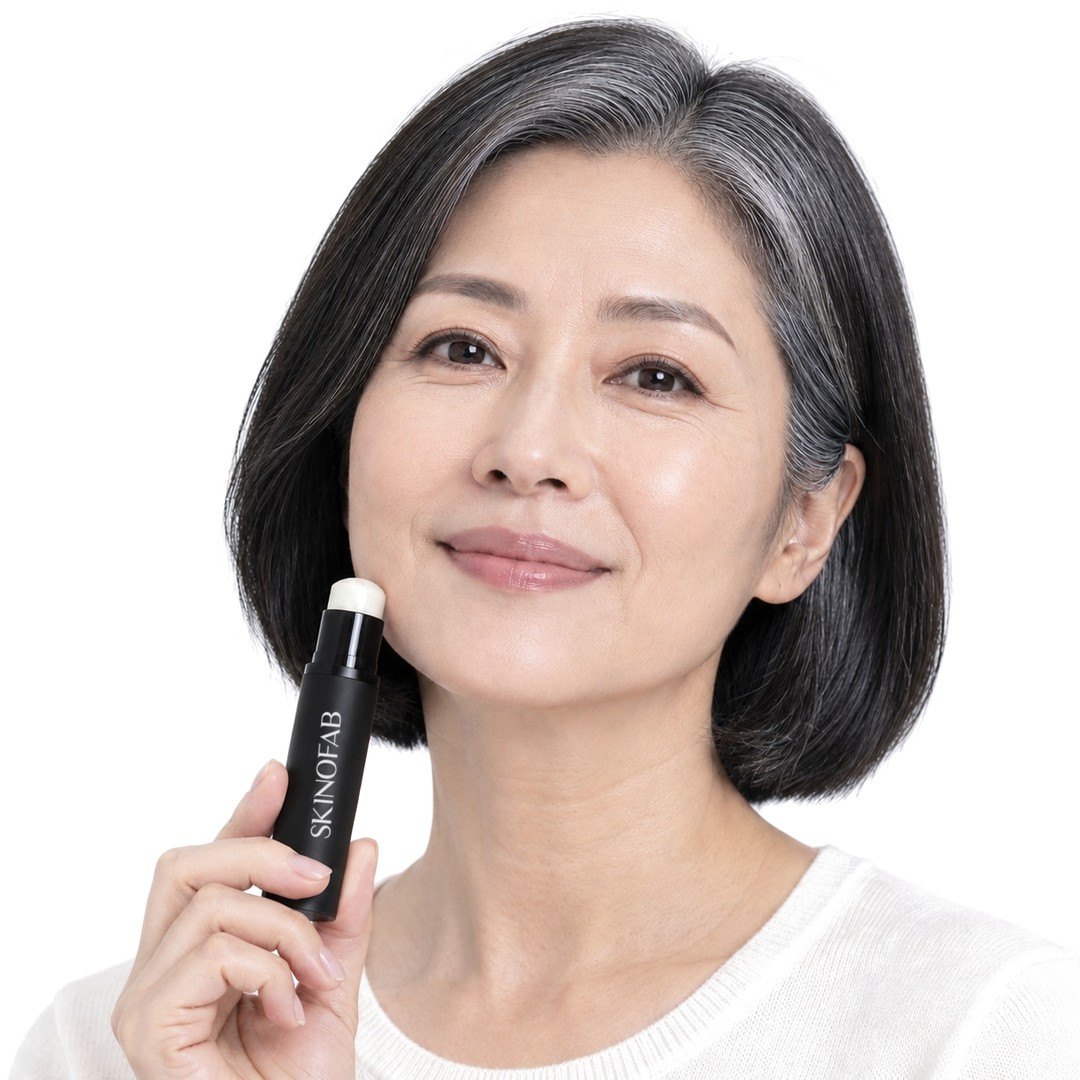 A woman in her fifties holding the Adaptive Foundation Stick by her chin
