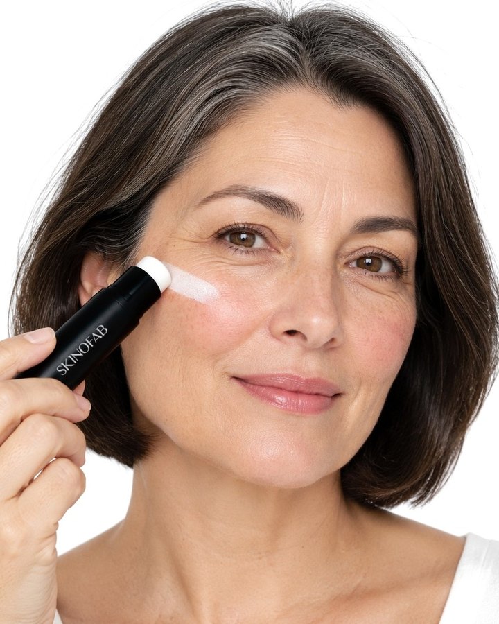 Swiping the white foundation along a cheekbone