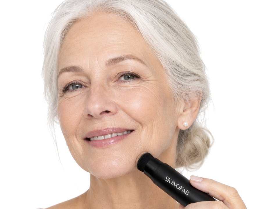 A woman in her sixties buffing foundation along her jaw with the brush end