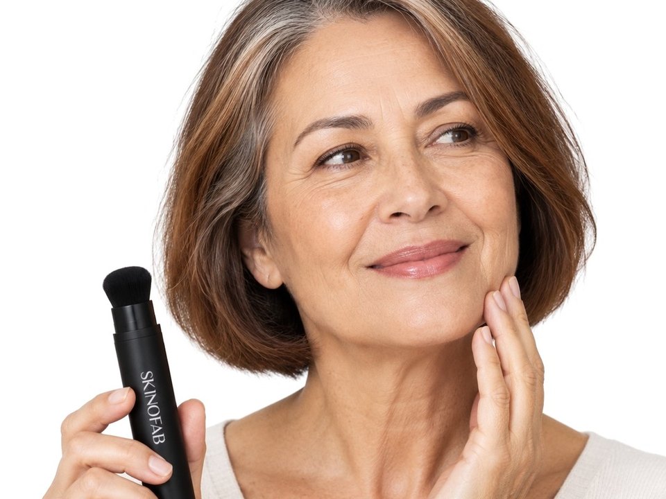 A woman in her sixties touching her jawline, the stick in her other hand