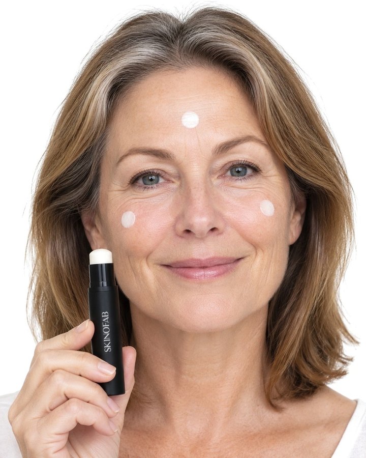 A woman with three white dots of the foundation on her face, the stick in her hand