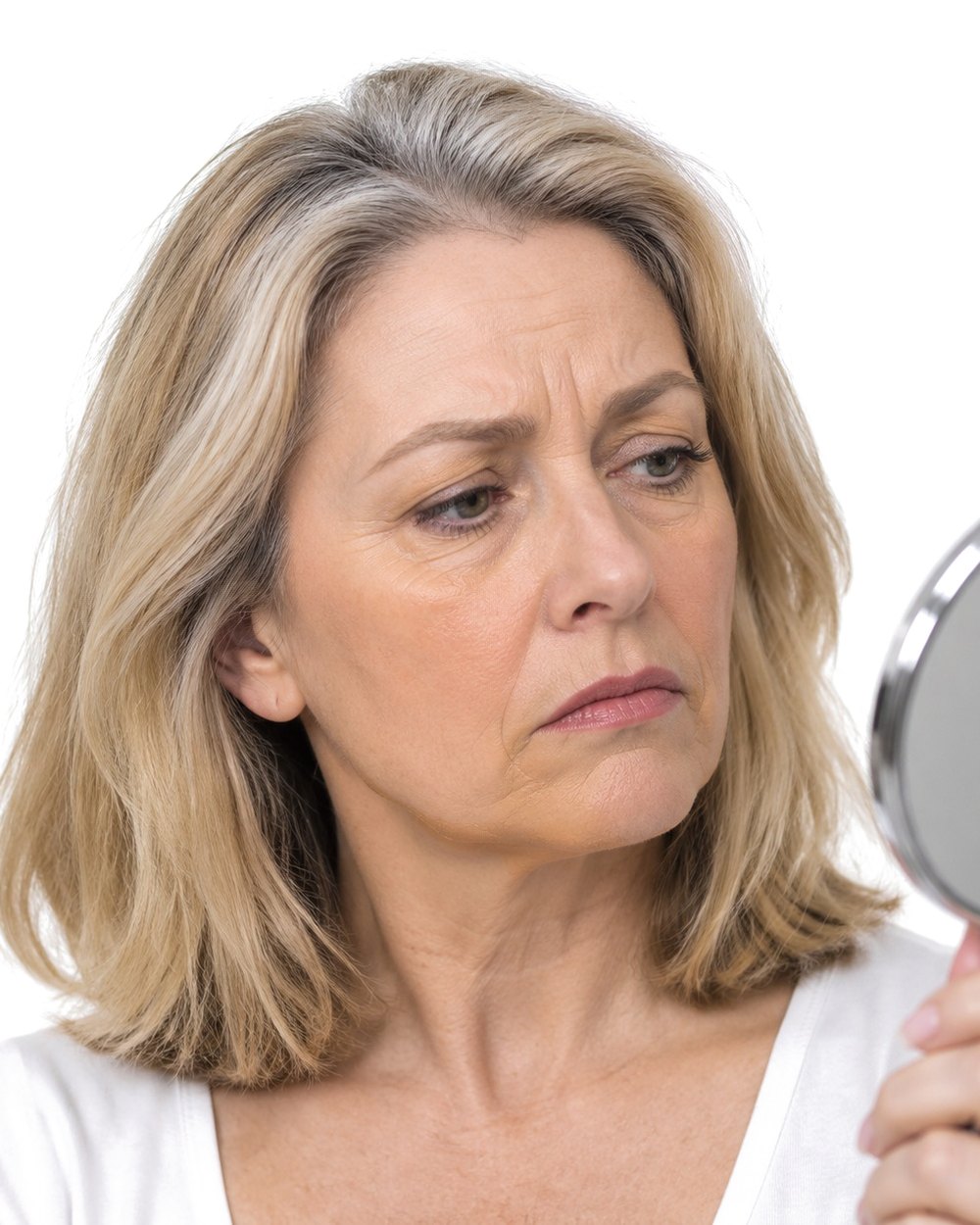 A woman in her fifties frowning at her foundation in a hand mirror