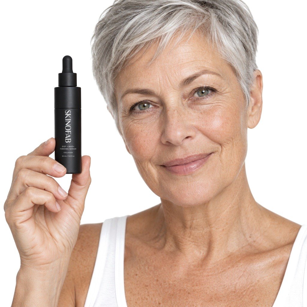 A woman in her sixties holding the EGF + NAD+ Firming Serum by her cheek