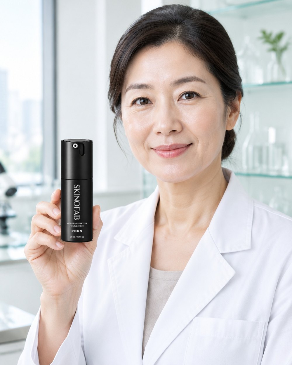 A model in a lab coat holding the Adaptive Peptide Foundation