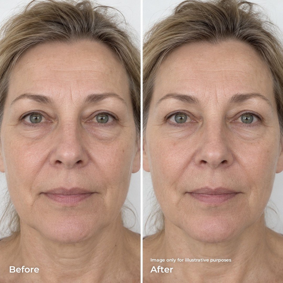 A face before and after a 3-minute brush routine (illustration)