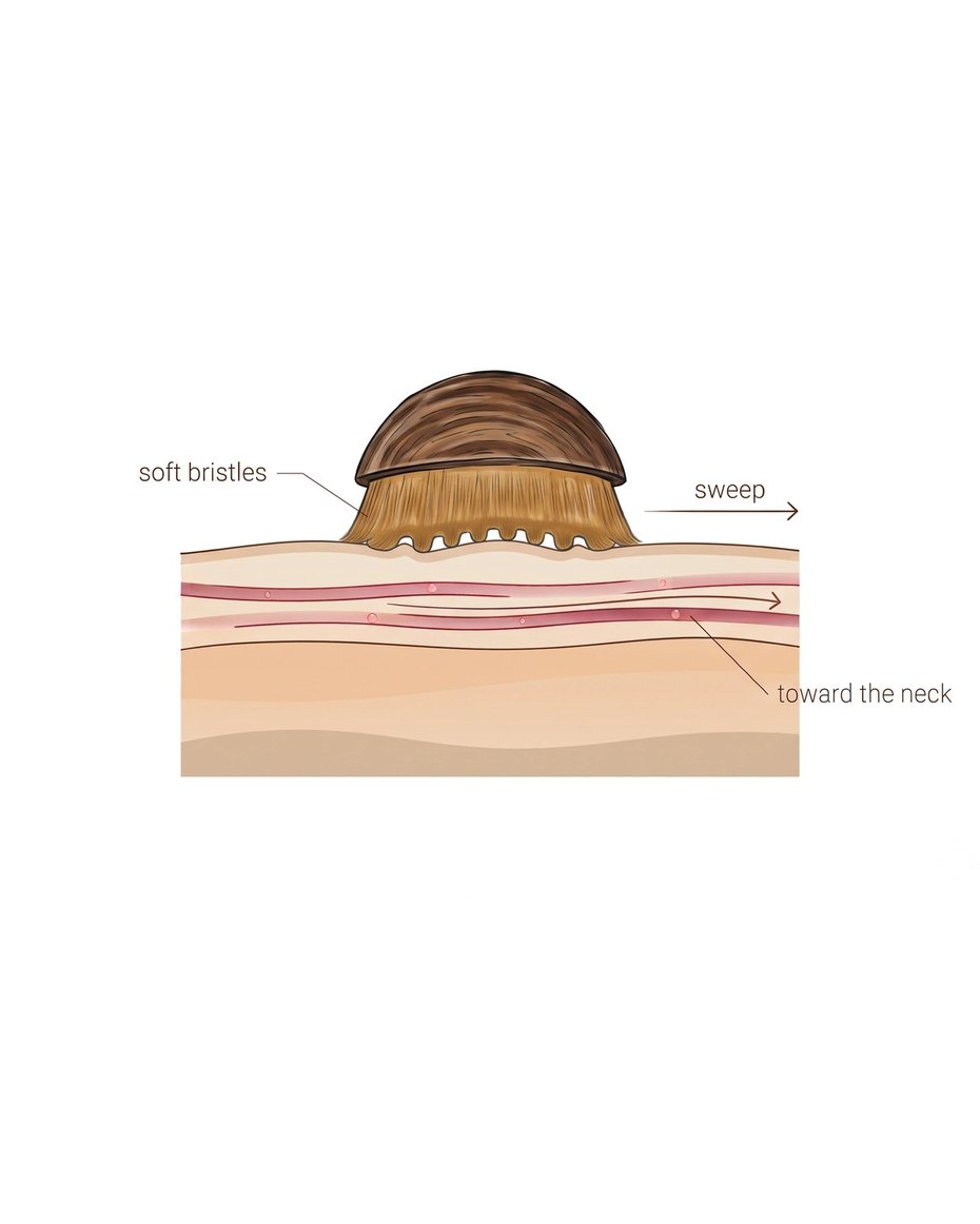 Soft bristles sweeping just under the skin toward the neck