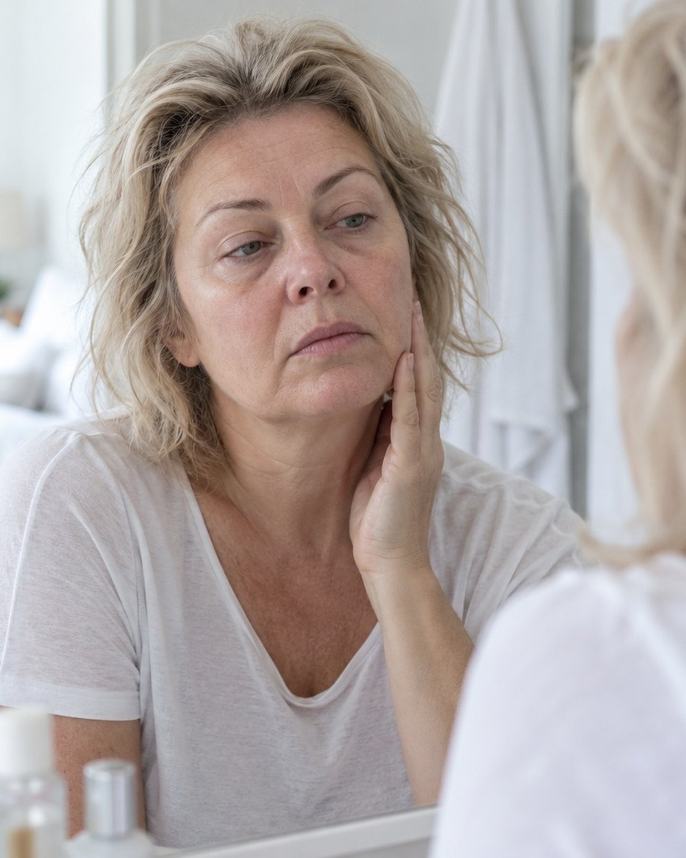 A woman in her fifties with a puffy morning face