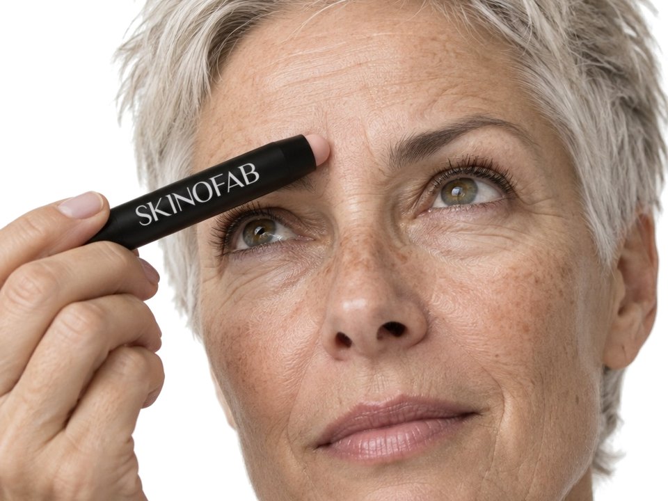 A woman pressing the balm between her eyebrows