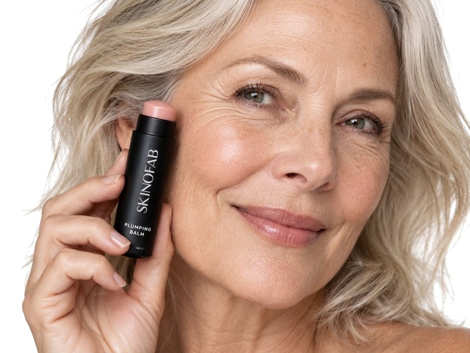 A woman in her late fifties holding the PDRN Plumping Balm