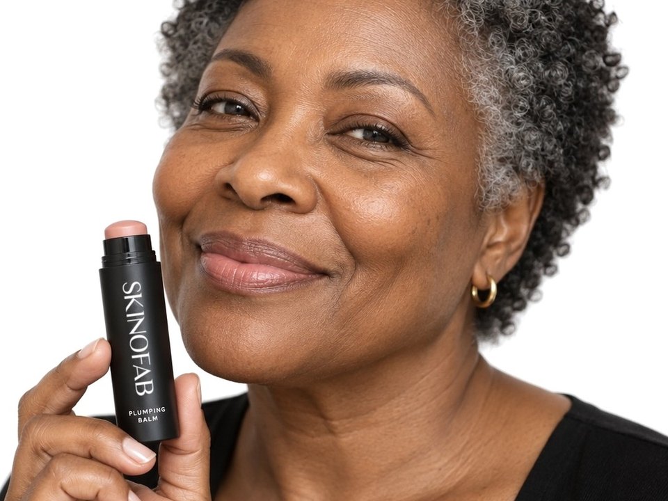 A woman in her fifties holding the PDRN Plumping Balm