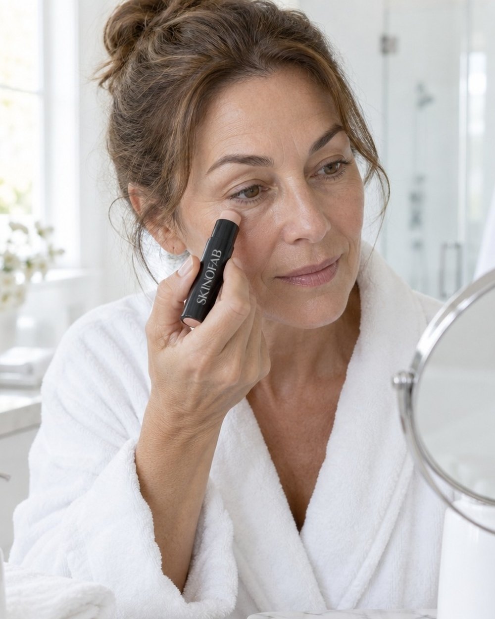 A woman touching up under her eye with the PDRN Plumping Balm