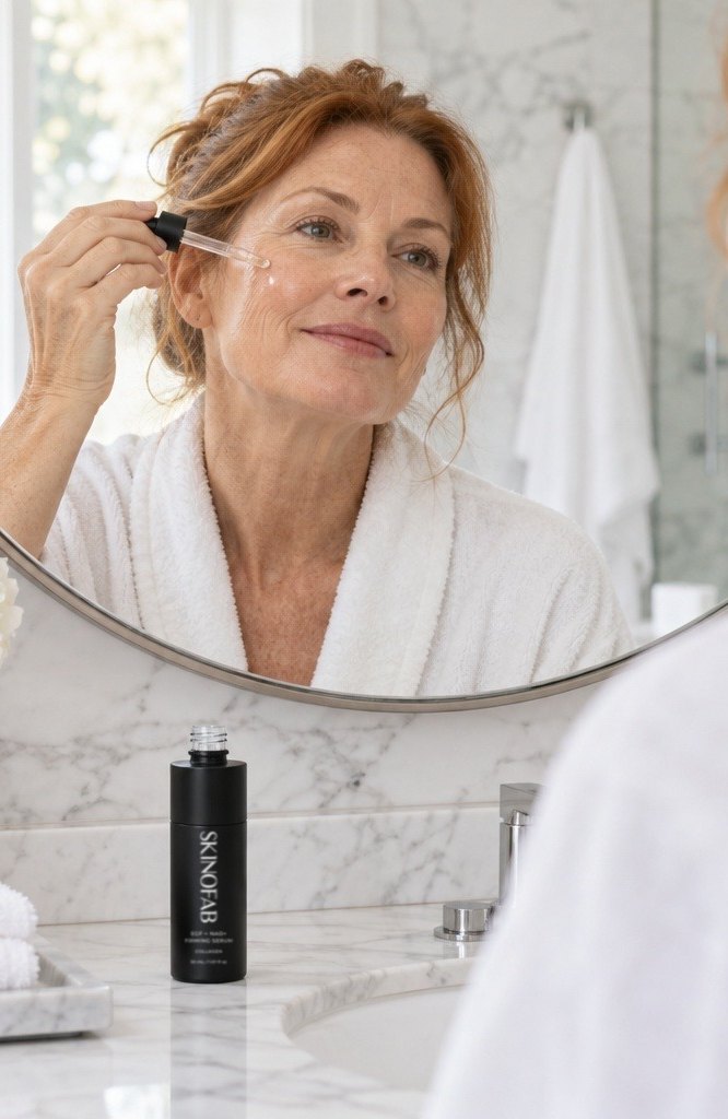 A woman applying the EGF + NAD+ Firming Serum at her bathroom mirror