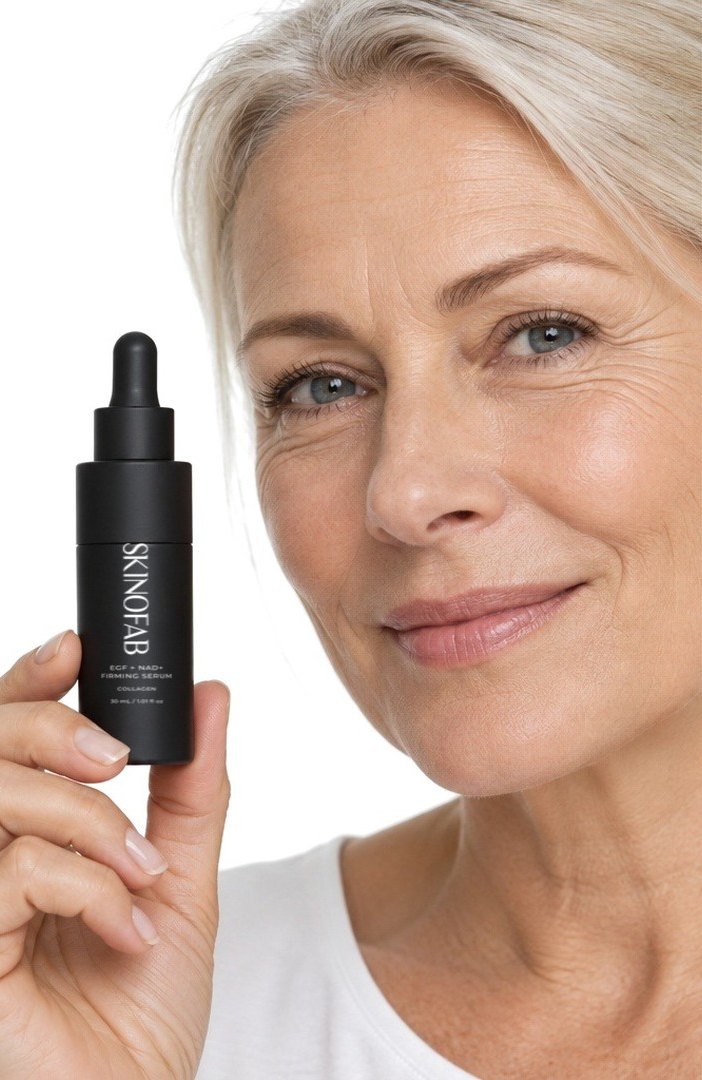 A woman holding the EGF + NAD+ Firming Serum by her cheek