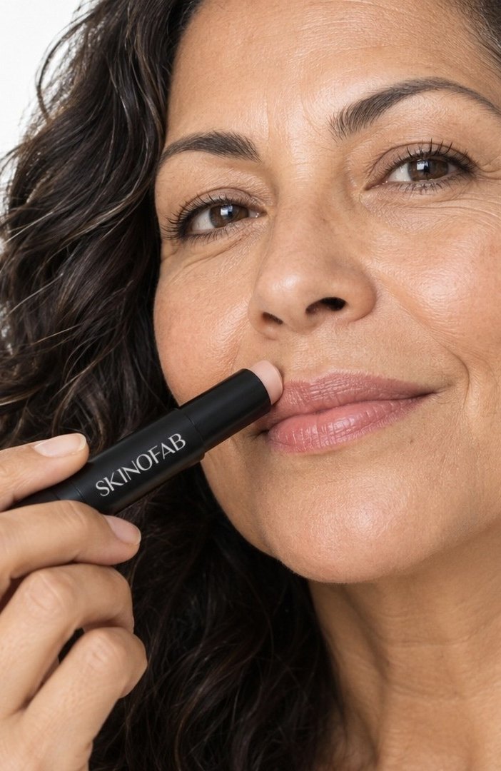 A woman pressing the PDRN Plumping Balm on her lips
