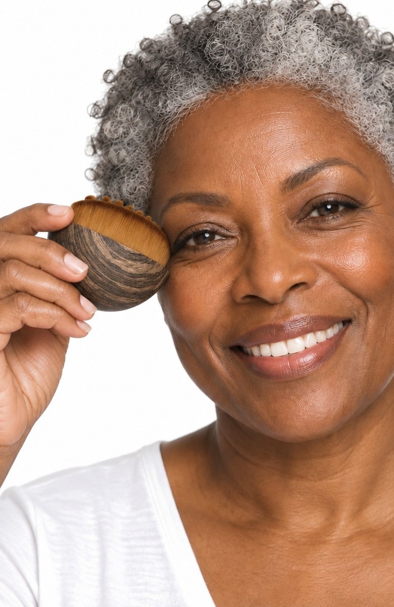 A woman sweeping The Lymphatic Brush over her cheek