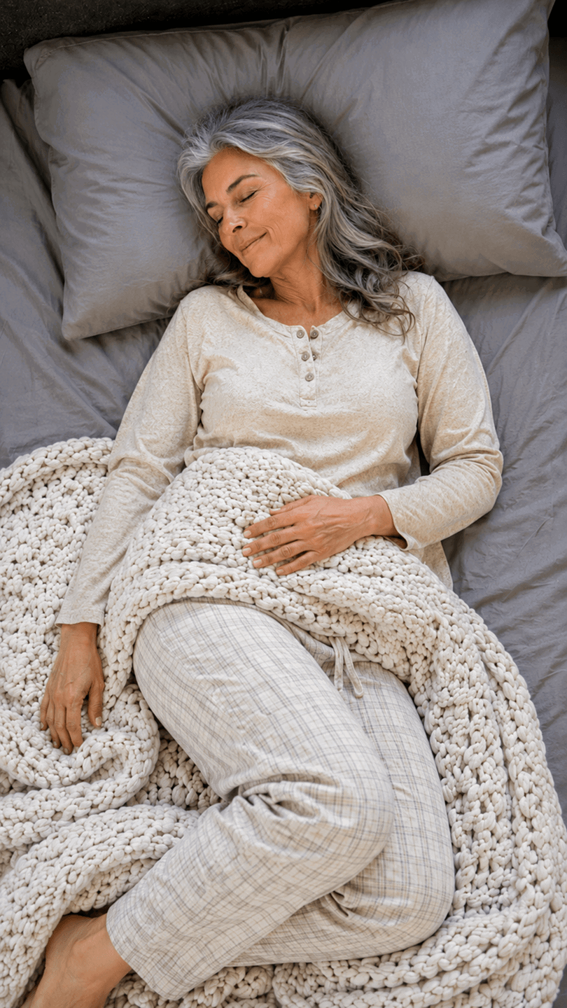 Woman sleeping peacefully on a bed with a sensor attached