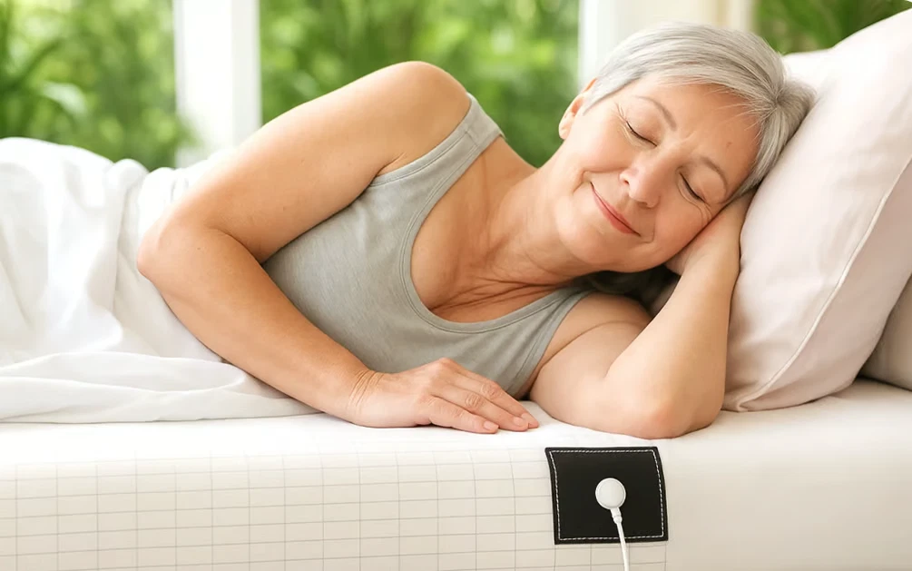 Woman sleeping peacefully on a bed with a sensor attached