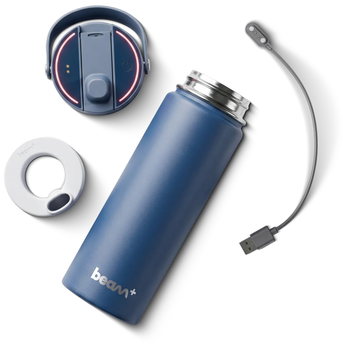 Beam+ bottle, lid, filter, and charging cable